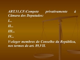 ART.51,CF:Compete privativamente à Câmara dos Deputados: I... II... III... IV... V-eleger membros do Conselho da República, nos termos do art. 89,VII. 