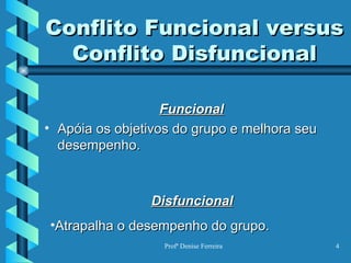 Conflito Funcional versus Conflito Disfuncional Funcional Apóia os objetivos do grupo e melhora seu desempenho. Disfuncional Atrapalha o desempenho do grupo. 