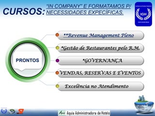 “IN COMPANY” E FORMATAMOS P/
CURSOS:     NECESSIDADES EXPECÍFICAS.



                 **Revenue Management Pleno

                *Gestão de Restaurantes pelo R.M.

  PRONTOS               *GOVERNANÇA

                VENDAS, RESERVAS E EVENTOS


                  Excelência no Atendimento
 