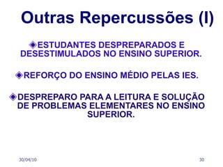 Outras Repercussões (I) ESTUDANTES DESPREPARADOS E DESESTIMULADOS NO ENSINO SUPERIOR. REFORÇO DO ENSINO MÉDIO PELAS IES. DESPREPARO PARA A LEITURA E SOLUÇÃO DE PROBLEMAS ELEMENTARES NO ENSINO SUPERIOR. 30/04/10 