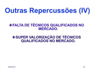 Outras Repercussões (IV) FALTA DE TÉCNICOS QUALIFICADOS NO MERCADO. SUPER VALORIZAÇÃO DE TÉCNICOS QUALIFICADOS NO MERCADO. 30/04/10 