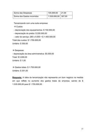 Soma das Despesas                       105.000,00   21,00
 Soma dos Gastos incorridos              1.535.000,00 307,00


 Terceirizando com uma outra empresa:
    Custos:
 - depreciação dos equipamentos: $ 150.000,00
 - depreciação do prédio: $ 200.000,00
 - valor do serviço: 280 x 5.000 = $ 1.400.000,00
Total dos custos: $ 1.750.000,00
Unitário: $ 350,00


  Despesas:
- depreciação da área administrativa: $5.000,00
Total: $ 5.000,00
Unitário: $ 1,00


  Gastos totais: $ 1.755.000,00
Unitário: $ 351,00


Resposta: A idéia da terceirização não representa um bom negócio na medida
em que reflete no aumento dos gastos totais da empresa, saindo de $
1.535.000,00 para $ 1.755.000,00.




                                                                       15
 