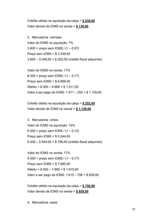 Crédito obtido na aquisição da calça = $ 238,00
Valor devido de ICMS na venda = $ 136,00


2. Mercadoria: camisas
Valor do ICMS na aquisição: 7%
3.600 = preço sem ICMS / (1 – 0,07)
Preço sem ICMS = $ 3.348,00
3.600 – 3.348,00 = $ 252,00 (crédito fiscal adquirido)


Valor do ICMS na venda: 17%
8.300 = preço sem ICMS / (1 – 0,17)
Preço sem ICMS = $ 6.889,00
Débito = 8.300 – 6.889 = $ 1.411,00
Valor a ser pago de ICMS: 1.411 – 252 = $ 1.159,00


Crédito obtido na aquisição da calça = $ 252,00
Valor devido de ICMS na venda = $ 1.159,00


3. Mercadoria: cintos
Valor do ICMS na aquisição: 12%
6.300 = preço sem ICMS / (1 – 0,12)
Preço sem ICMS = $ 5.544,00
6.300 – 5.544,00 = $ 756,00 (crédito fiscal adquirido)


Valor do ICMS na venda: 17%
9.500 = preço sem ICMS / (1 – 0,17)
Preço sem ICMS = $ 7.885,00
Débito = 9.500 – 7.885 = $ 1.615,00
Valor a ser pago de ICMS: 1.615 – 756 = $ 859,00


Crédito obtido na aquisição da calça = $ 756,00
Valor devido de ICMS na venda = $ 859,00


4. Mercadoria: saias

                                                         81
 
