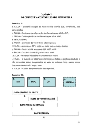 11
Capítulo 2. 
OS CUSTOS E A CONTABILIDADE FINANCEIRA 
Exercício 2.1
a. FALSA – Existem encargos de mão de obra indireta que, obviamente, não
serão diretos;
b. FALSA – Custos de transformação são formados por MOD e CIF;
c. FALSA – Custos primários são formados por MD e MOD;
d. VERDADEIRA;
e. FALSA – Comissão de vendedores são despesas;
f. FALSA – A soma dos CIF’s pode ser maior que os custos diretos;
g. FALSA – Gasto fabril é a soma do MD, MOD e CIF;
h. FALSA – O custo contábil é igual ao custo fabril;
i. FALSA – O indireto necessita de um critério de rateio;
j. FALSA – O custeio por absorção determina que todos os gastos produtivos e
não comerciais sejam incorporados ao valor do estoque, logo, gastos como
despesas não entrarão no processo.
k. FALSA – Custos de oportunidade são implícitos.
Exercício 2.2.
 