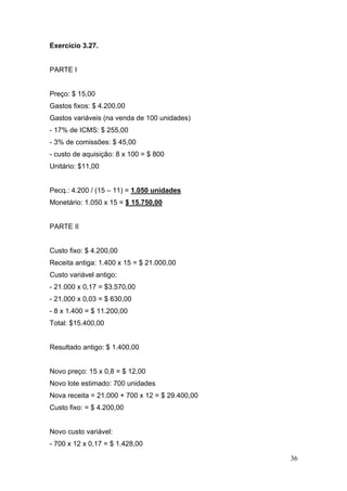36
Exercício 3.27.
PARTE I
Preço: $ 15,00
Gastos fixos: $ 4.200,00
Gastos variáveis (na venda de 100 unidades)
- 17% de ICMS: $ 255,00
- 3% de comissões: $ 45,00
- custo de aquisição: 8 x 100 = $ 800
Unitário: $11,00
Pecq.: 4.200 / (15 – 11) = 1.050 unidades
Monetário: 1.050 x 15 = $ 15.750,00
PARTE II
Custo fixo: $ 4.200,00
Receita antiga: 1.400 x 15 = $ 21.000,00
Custo variável antigo:
- 21.000 x 0,17 = $3.570,00
- 21.000 x 0,03 = $ 630,00
- 8 x 1.400 = $ 11.200,00
Total: $15.400,00
Resultado antigo: $ 1.400,00
Novo preço: 15 x 0,8 = $ 12,00
Novo lote estimado: 700 unidades
Nova receita = 21.000 + 700 x 12 = $ 29.400,00
Custo fixo: = $ 4.200,00
Novo custo variável:
- 700 x 12 x 0,17 = $ 1.428,00
 