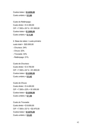 62
Custos totais = $ 8.850,00
Custo unitário = $ 5,90
Custo do Relâmpago:
Custo direto = $ 4.300,00
CIF = 7.500 x 20 % = $1.500,00
Custos totais = $ 5.800,00
Custo unitário = $ 11,60
2. Base de rateio = custo primário
custo total = $20.000,00
- Chuvisco: 24%
- Chuva: 22%
- Trovoada: 33%
- Relâmpago: 21%
Custo do Chuvisco:
Custo direto = $ 4.700,00
CIF = 7.500 x 24 % = $1.800,00
Custos totais = $ 6.500,00
Custo unitário = $ 5,42
Custo do Chuva:
Custo direto = $ 4.400,00
CIF = 7.500 x 22% = $1.650,00
Custos totais = $ 6.050,00
Custo unitário = $ 7,56
Custo do Trovoada:
Custo direto = $ 6.600,00
CIF = 7.500 x 33 % = $2.475,00
Custos totais = $ 9.075,00
Custo unitário = $ 6,05
 
