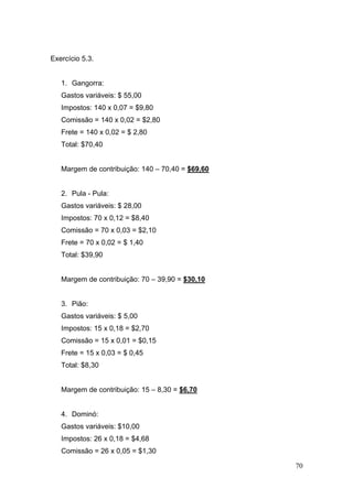 70
Exercício 5.3.
1. Gangorra:
Gastos variáveis: $ 55,00
Impostos: 140 x 0,07 = $9,80
Comissão = 140 x 0,02 = $2,80
Frete = 140 x 0,02 = $ 2,80
Total: $70,40
Margem de contribuição: 140 – 70,40 = $69,60
2. Pula - Pula:
Gastos variáveis: $ 28,00
Impostos: 70 x 0,12 = $8,40
Comissão = 70 x 0,03 = $2,10
Frete = 70 x 0,02 = $ 1,40
Total: $39,90
Margem de contribuição: 70 – 39,90 = $30,10
3. Pião:
Gastos variáveis: $ 5,00
Impostos: 15 x 0,18 = $2,70
Comissão = 15 x 0,01 = $0,15
Frete = 15 x 0,03 = $ 0,45
Total: $8,30
Margem de contribuição: 15 – 8,30 = $6,70
4. Dominó:
Gastos variáveis: $10,00
Impostos: 26 x 0,18 = $4,68
Comissão = 26 x 0,05 = $1,30
 