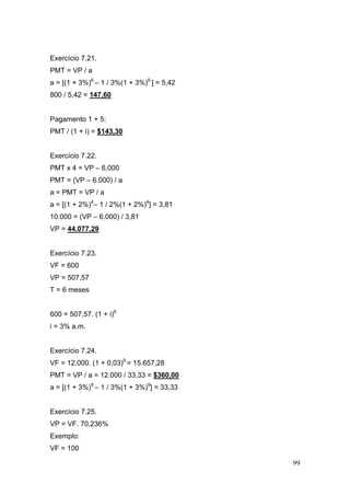 99
Exercício 7.21.
PMT = VP / a
a = [(1 + 3%)6
– 1 / 3%(1 + 3%)6
] = 5,42
800 / 5,42 = 147,60
Pagamento 1 + 5:
PMT / (1 + i) = $143,30
Exercício 7.22.
PMT x 4 = VP – 6.000
PMT = (VP – 6.000) / a
a = PMT = VP / a
a = [(1 + 2%)4
– 1 / 2%(1 + 2%)4
] = 3,81
10.000 = (VP – 6.000) / 3,81
VP = 44.077,29
Exercício 7.23.
VF = 600
VP = 507,57
T = 6 meses
600 = 507,57. (1 + i)6
i = 3% a.m.
Exercício 7.24.
VF = 12.000. (1 + 0,03)9
= 15.657,28
PMT = VP / a = 12.000 / 33,33 = $360,00
a = [(1 + 3%)9
– 1 / 3%(1 + 3%)9
] = 33,33
Exercício 7.25.
VP = VF. 70,236%
Exemplo:
VF = 100
 