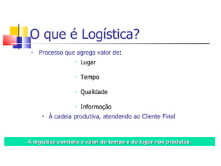 O que é Logística?
    Processo que agrega valor de:
                     Lugar

                     Tempo

                     Qualidade

                     Informação
        À cadeia produtiva, atendendo ao Cliente Final



A logística controla o valor do tempo e do lugar nos produtos.
 