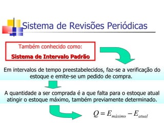 Sistema de Revisões Periódicas

      Também conhecido como:
   Sistema de Intervalo Padrão

Em intervalos de tempo preestabelecidos, faz-se a verificação do
          estoque e emite-se um pedido de compra.


A quantidade a ser comprada é a que falta para o estoque atual
 atingir o estoque máximo, também previamente determinado.

                                    Q = Emáximo − Eatual
 