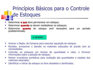 Princípios Básicos para o Controle
       de Estoques
   Determinar o que deve permanecer em estoque;
   Determinar quando se devem restabelecer os estoques;
   Determinar quanto de estoque será necessário           para   um   período
    predeterminado;

                          e também:

   Acionar o Depto. de Compras para executar aquisição de estoque;
   Receber, armazenar e atender os materiais estocados de acordo com as
    necessidades;
   Controlar os estoques em termos de quantidade e valor, e fornecer
    informações sobre a posição de estoque;
   Manter inventários periódicos para avaliação das quantidades e estados dos
    materiais estocados;
   Identificar e retirar do estoque os itens obsoletos e danificados.
 