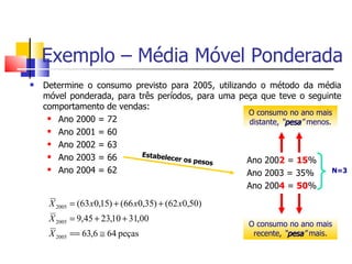 Exemplo – Média Móvel Ponderada
   Determine o consumo previsto para 2005, utilizando o método da média
    móvel ponderada, para três períodos, para uma peça que teve o seguinte
    comportamento de vendas:
                                                    O consumo no ano mais
      Ano 2000 = 72                                 distante, “pesa” menos.
                                                                pesa
      Ano 2001 = 60
      Ano 2002 = 63
                           Estabele
      Ano 2003 = 66                cer os pe
                                              sos   Ano 2002 = 15%
      Ano 2004 = 62                                Ano 2003 = 35%           N=3

                                                    Ano 2004 = 50%

     X 2005 = (63 x0,15) + (66 x0,35) + (62 x0,50)
     X 2005 = 9,45 + 23,10 + 31,00
                                                       O consumo no ano mais
     X 2005 == 63,6 ≅ 64 peças                          recente, “pesa” mais.
                                                                  pesa
 
