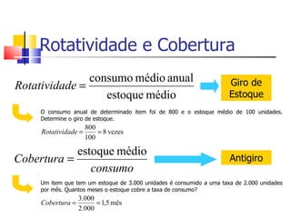 Rotatividade e Cobertura
               consumo médio anual                                     Giro de
Rotatividade =
                  estoque médio                                        Estoque
     O consumo anual de determinado item foi de 800 e o estoque médio de 100 unidades.
     Determine o giro de estoque.
                      800
     Rotatividade =       = 8 vezes
                      100

            estoque médio
Cobertura =                                                            Antigiro
               consumo
     Um item que tem um estoque de 3.000 unidades é consumido a uma taxa de 2.000 unidades
     por mês. Quantos meses o estoque cobre a taxa de consumo?
                   3.000
     Cobertura =         = 1,5 mês
                   2.000
 