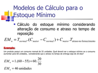 Modelos de Cálculo para o
          Estoque Mínimo
             Cálculo do estoque mínimo considerando
              alteração de consumo e atraso no tempo de
              reposição
EM n = Tnormal .(Cmaior − Cnormal ) + Cmaior .Tatraso no fornecimento
Exemplo:
Um produto possui um consumo mensal de 55 unidades. Qual deverá ser o estoque mínimo se o consumo
aumentar para 60 unidades, considerando que o atraso no tempo de entrega seja de 20 dias?

                         20
EM n = 1.(60 − 55) + 60.
                         30
EM n = 46 unidades
 