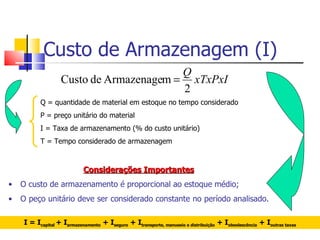 Custo de Armazenagem (I)
                                         Q
                   Custo de Armazenagem = xTxPxI
                                         2
          Q = quantidade de material em estoque no tempo considerado
          P = preço unitário do material
          I = Taxa de armazenamento (% do custo unitário)
          T = Tempo considerado de armazenagem



                            Considerações Importantes
•   O custo de armazenamento é proporcional ao estoque médio;
•   O peço unitário deve ser considerado constante no período analisado.

    I = Icapital + Iarmazenamento + Iseguro + Itransporte, manuseio e distribuição + Iobsolescência + Ioutras taxas
 