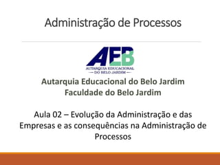 Administração de Processos
Autarquia Educacional do Belo Jardim
Faculdade do Belo Jardim
Aula 02 – Evolução da Administração e das
Empresas e as consequências na Administração de
Processos
 