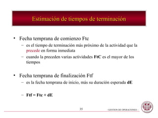 Estimación de tiempos de terminación


• Fecha temprana de comienzo Ftc
   – es el tiempo de terminación más próximo de la actividad que la
     precede en forma inmediata
   – cuando la preceden varias actividades FtC es el mayor de los
     tiempos


• Fecha temprana de finalización Ftf
   – es la fecha temprana de inicio, más su duración esperada dE

   – Ftf = Ftc + dE


                                   35             - GESTION DE OPERACIONES –
 