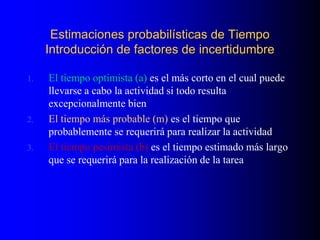 Estimaciones probabilísticas de Tiempo
Introducción de factores de incertidumbre
1. El tiempo optimista (a) es el más corto en el cual puede
llevarse a cabo la actividad si todo resulta
excepcionalmente bien
2. El tiempo más probable (m) es el tiempo que
probablemente se requerirá para realizar la actividad
3. El tiempo pesimista (b) es el tiempo estimado más largo
que se requerirá para la realización de la tarea
 