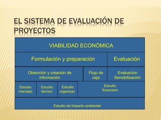 EL SISTEMA DE EVALUACIÓN DE
PROYECTOS
VIABILIDAD ECONÓMICA
Formulación y preparación Evaluación
Obtención y creación de
información
Flujo de
caja
Evaluación
Sensibilización
Estudio
mercado
Estudio
técnico
Estudio
organizac.
Estudio
financiero
Estudio de Impacto ambiental
 