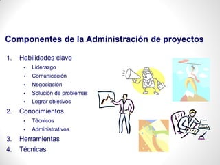 1. Habilidades clave
• Liderazgo
• Comunicación
• Negociación
• Solución de problemas
• Lograr objetivos
2. Conocimientos
• Técnicos
• Administrativos
3. Herramientas
4. Técnicas
Componentes de la Administración de proyectos
 