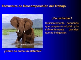 ¿Cómo se come un elefante?
¡ En partecitas !
Suficientemente pequeñas
que quepan en el plato y lo
suficientemente grandes
que no indigesten.
Estructura de Descomposición del Trabajo
 