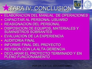 ETAPA IV: CONCLUSION
•
•
•
•
•
•
•
•
•

ELABORACION DEL MANUAL DE OPERACIONES
CAPACITAR AL PERSONAL USUARIO
REASIGNACION DEL PERSONAL
DISPOSICION DE EQUIPOS, MATERIALES Y
SUMINISTROS SOBRANTES
EVALUACION DE LA EXPERIENCIA
AUDITORIA FINAL
INFORME FINAL DEL PROYECTO
REVISION CON LA ALTA GERENCIA
DECLARAR EL PROYECTO TERMINADO Y EN
PLENO FUNCIONAMIENTO
POR DR. C.P./ LIC. EDUARDO BARG
11

 