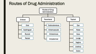 Routes of Drug Administration
Routes of Drug
Administration
Enteral Parenteral Topical
Oral
Sublingual
Buccal
Rectal
Subcutaneous
Intramuscular
Intravenous
Intradermal
Eye
Nose
Ears
Lungs
Vagina
Urethra
Colon
 