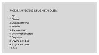 FACTORS AFFECTING DRUG METABOLISM
1. Age
2. Disease
3. Species difference
4. Heredity
5. Sex; pregnancy
6. Environmental factors
7. Drug dose
8. Enzyme inhibition
9. Enzyme induction
10. Diet
 