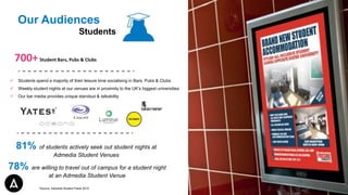 Our Audiences
Students
700+Student Bars, Pubs & Clubs
 Students spend a majority of their leisure time socialising in Bars, Pubs & Clubs
 Weekly student nights at our venues are in proximity to the UK’s biggest universities
 Our bar media provides unique standout & talkability
81% of students actively seek out student nights at
Admedia Student Venues
78% are willing to travel out of campus for a student night
at an Admedia Student Venue
*Source: Admedia Student Panel 2015
 