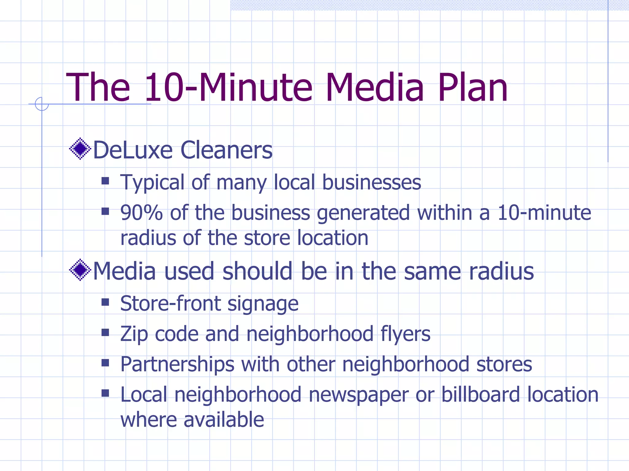 The 10-Minute Media Plan
 DeLuxe Cleaners
    Typical of many local businesses
    90% of the business generated within a 10-minute
     radius of the store location
 Media used should be in the same radius
    Store-front signage
    Zip code and neighborhood flyers
    Partnerships with other neighborhood stores
    Local neighborhood newspaper or billboard location
     where available
 