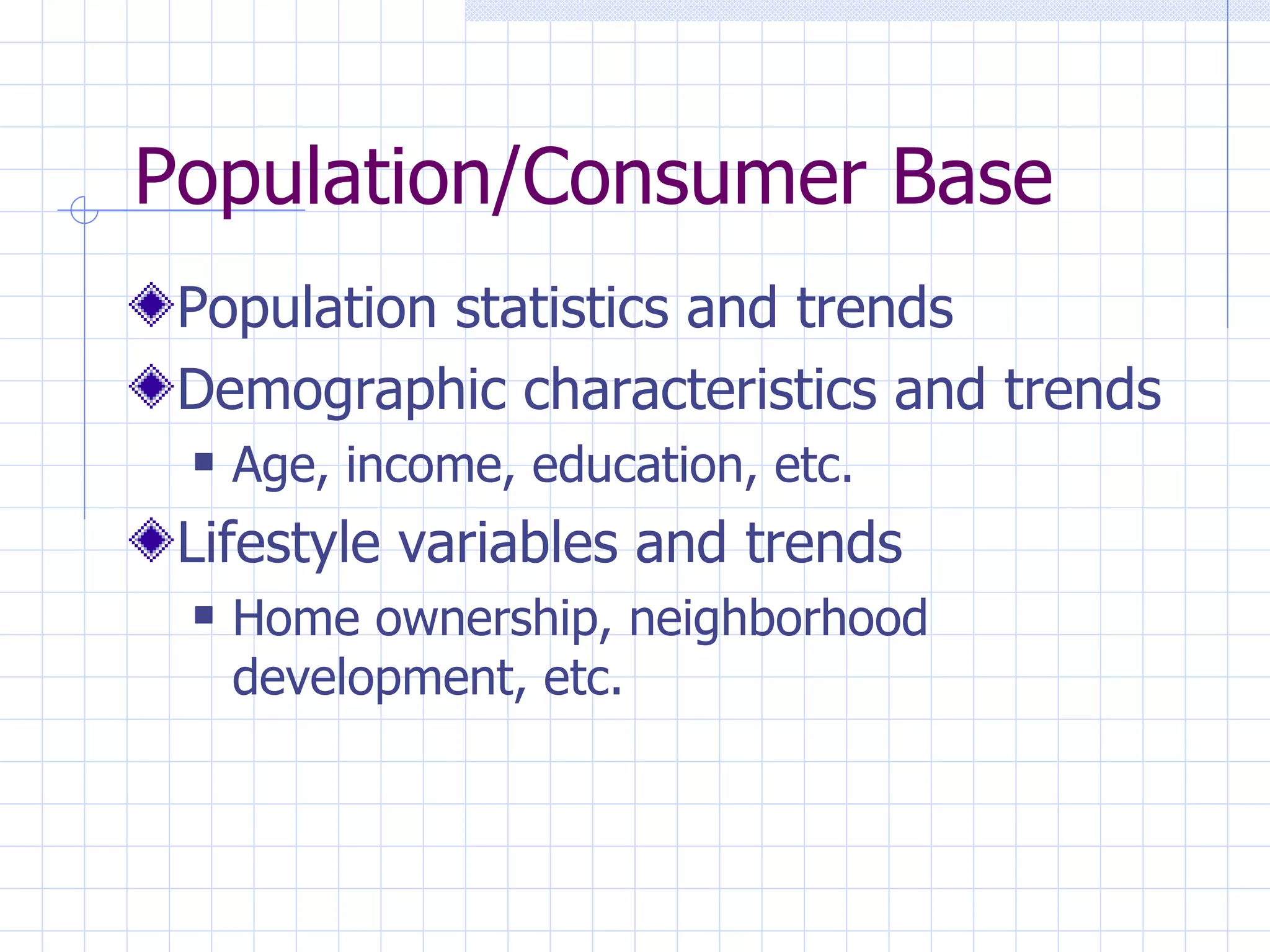 Population/Consumer Base
 Population statistics and trends
 Demographic characteristics and trends
    Age, income, education, etc.
 Lifestyle variables and trends
    Home ownership, neighborhood
     development, etc.
 