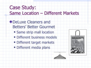 Case Study:
Same Location – Different Markets
 DeLuxe Cleaners and
 Betters’ Better Gourmet
     Same strip mall location
     Different business models
     Different target markets
     Different media plans
 