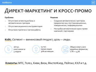 К������: МТС,Т���2, К���, В���, М�����К���, П�����, КХЛ � �.�.
A�M����
Отсутствие сегментации базы и
автоматических тригеров
28 тыс.
участников за
4 недели
Общих охват 5 млн
медийных форматов;
CTR — 4,3%
Д�����-��������� � �����-�����
1.
Отсутствие акционного инструментария2.
Отсуствие стратегии и тактики работы3.
Проблема
Создание автоматических триггеров:
предикатив-ных, посттранзакционных,
поведенческих, информационных
1.
Настройка автоматических кросс-промо
кампаний с партнерами
2.
Решение
К���. С������ — ���������� �������, ���� — ����.
15 тыс.
промо-кодов
30% активации
 