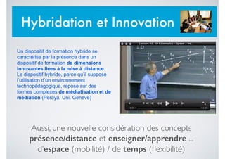 Un dispositif de formation hybride se
caractérise par la présence dans un
dispositif de formation de dimensions
innovantes liées à la mise à distance.
Le dispositif hybride, parce qu’il suppose
l’utilisation d’un environnement
technopédagogique, repose sur des
formes complexes de médiatisation et de
médiation (Peraya, Uni. Genève)
Aussi, une nouvelle considération des concepts
présence/distance et enseigner/apprendre ...	

d’espace (mobilité) / de temps (ﬂexibilité)
Hybridation et Innovation
 