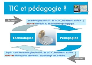 TIC et pédagogie ?
Technologies Pédagogies
Les technologies (les LMS, les MOOC, les Réseaux sociaux ...)
peuvent contribuer au développement pédagogique
L’impact positif des technologies (les LMS, les MOOC, les Réseaux sociaux ...)
nécessite des dispositifs centrés sur l’apprentissage des étudiants
Promesses
Conditions
 