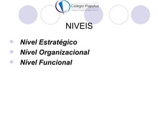 NIVEIS
 Nível Estratégico
 Nível Organizacional
 Nível Funcional
 