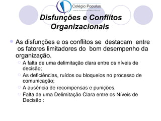 Disfunções e Conflitos
                  Organizacionais
   As disfunções e os conflitos se destacam entre
     os fatores limitadores do bom desempenho da
    organização.
       A falta de uma delimitação clara entre os níveis de
        decisão;
       As deficiências, ruídos ou bloqueios no processo de
        comunicação;
       A ausência de recompensas e punições.
       Falta de uma Delimitação Clara entre os Níveis de
        Decisão :
 