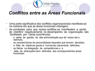 Conflitos entre as Áreas Funcionais

 Uma parte significativa dos conflitos organizacionais manifesta-se
  na maneira em que as áreas funcionais interagem.
 As condições para que esses conflitos se manifestem a ponto
  de interferir negativamente no desempenho da organização são
  facilitadas por várias ocorrências:
       o estilo de gestão da alta administração que às' vezes até o
        estimula,
       as características de personalidade daqueles que tomam decisões,
       a falta de objetivos gerais e funcionais claramente definidos,
       as falhas na delegação de competências e a
        falta de atribuições bem definidas das correspondentes áreas
        funcionais.
 
