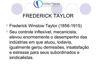 FREDERICK TAYLOR 
Frederick Winslow Taylor (1856-1915) 
Seu controle inflexível, mecanicista, 
elevou enormemente o desempenho das 
indústrias em que atuou, todavia, 
igualmente gerou demissões, insatisfação 
e estresse para seus subordinados e 
sindicalistas. 
 