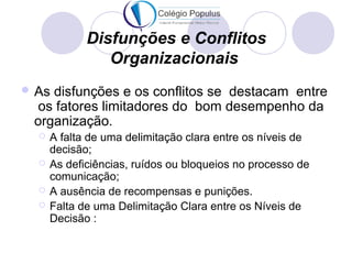 Disfunções e Conflitos 
Organizacionais 
As disfunções e os conflitos se destacam entre 
os fatores limitadores do bom desempenho da 
organização. 
 A falta de uma delimitação clara entre os níveis de 
decisão; 
 As deficiências, ruídos ou bloqueios no processo de 
comunicação; 
 A ausência de recompensas e punições. 
 Falta de uma Delimitação Clara entre os Níveis de 
Decisão : 
 