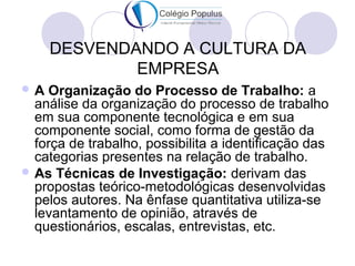 DESVENDANDO A CULTURA DA 
EMPRESA 
A Organização do Processo de Trabalho: a 
análise da organização do processo de trabalho 
em sua componente tecnológica e em sua 
componente social, como forma de gestão da 
força de trabalho, possibilita a identificação das 
categorias presentes na relação de trabalho. 
As Técnicas de Investigação: derivam das 
propostas teórico-metodológicas desenvolvidas 
pelos autores. Na ênfase quantitativa utiliza-se 
levantamento de opinião, através de 
questionários, escalas, entrevistas, etc. 
 