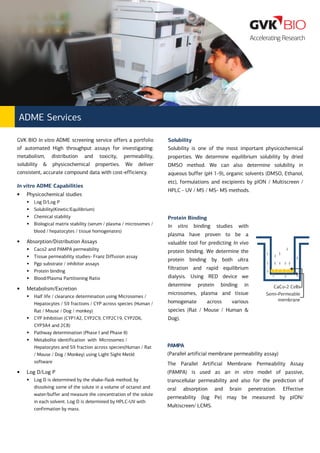 ADME Services
GVK BIO In vitro ADME screening service offers a portfolio
of automated High throughput assays for investigating:
metabolism, distribution and toxicity, permeability,
solubility & physicochemical properties. We deliver
consistent, accurate compound data with cost-efficiency.
In vitro ADME Capabilities
•

Physicochemical studies
Log D/Log P
Solubility(Kinetic/Equilibrium)
Chemical stability
Biological matrix stability (serum / plasma / microsomes /
blood / hepatocytes / tissue homogenates)

•

Absorption/Distribution Assays
Caco2 and PAMPA permeability
Tissue permeability studies- Franz Diffusion assay
Pgp substrate / inhibitor assays
Protein binding
Blood/Plasma Partitioning Ratio

•

Metabolism/Excretion
Half life / clearance determination using Microsomes /
Hepatocytes / S9 fractions / CYP across species (Human /
Rat / Mouse / Dog / monkey)
CYP Inhibition (CYP1A2, CYP2C9, CYP2C19, CYP2D6,
CYP3A4 and 2C8)
Pathway determination (Phase I and Phase II)
Metabolite identification with Microsomes /
Hepatocytes and S9 fraction across species(Human / Rat
/ Mouse / Dog / Monkey) using Light Sight MetId
software

•

Log D/Log P
Log D is determined by the shake-flask method, by
dissolving some of the solute in a volume of octanol and
water/buffer and measure the concentration of the solute
in each solvent. Log D is determined by HPLC-UV with
confirmation by mass.

Solubility
Solubility is one of the most important physicochemical
properties. We determine equilibrium solubility by dried
DMSO method. We can also determine solubility in
aqueous buffer (pH 1-9), organic solvents (DMSO, Ethanol,
etc), formulations and excipients by pION / Multiscreen /
HPLC - UV / MS / MS- MS methods.

Protein Binding
In

vitro

binding

studies

with

plasma have proven to be a
valuable tool for predicting In vivo
protein binding. We determine the
protein binding by both ultra
filtration and rapid equilibrium
dialysis. Using RED device we
determine

protein

binding

in

microsomes, plasma and tissue
homogenate

across

various

species (Rat / Mouse / Human &
Dog).

PAMPA
(Parallel artificial membrane permeability assay)
The Parallel Artificial Membrane Permeability Assay
(PAMPA) is used as an in vitro model of passive,
transcellular permeability and also for the prediction of
oral

absorption

and

brain

penetration.

Effective

permeability (log Pe) may be measured by pION/
Multiscreen/ LCMS.

 