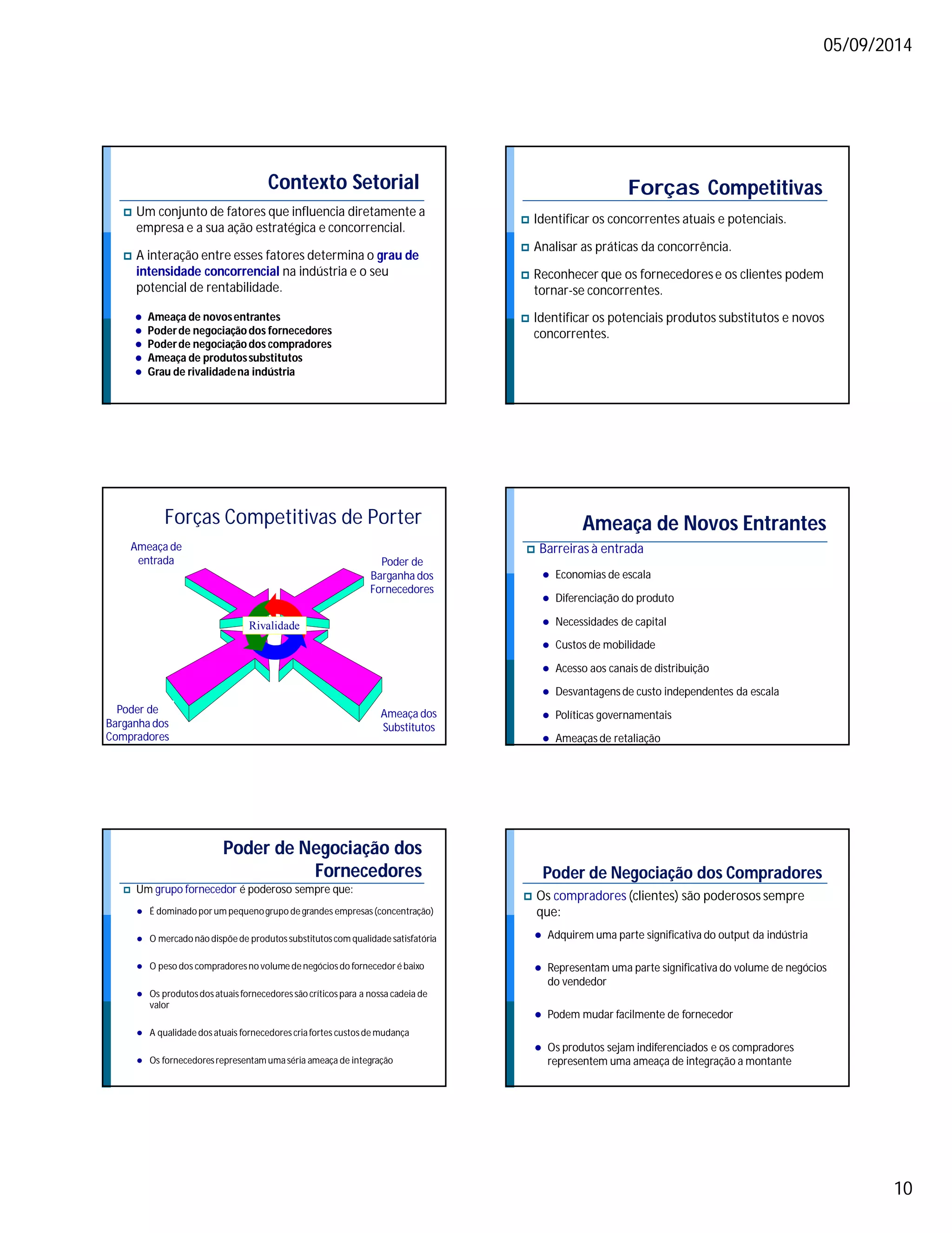 05/09/2014 
10 
Contexto Setorial 
 Um conjunto de fatores que influencia diretamente a 
empresa e a sua ação estratégica e concorrencial. 
 A interação entre esses fatores determina o grau de 
intensidade concorrencial na indústria e o seu 
potencial de rentabilidade. 
 Ameaça de novos entrantes 
 Poder de negociação dos fornecedores 
 Poder de negociação dos compradores 
 Ameaça de produtos substitutos 
 Grau de rivalidade na indústria 
Forças Competitivas 
 Identificar os concorrentes atuais e potenciais. 
 Analisar as práticas da concorrência. 
 Reconhecer que os fornecedores e os clientes podem 
tornar-se concorrentes. 
 Identificar os potenciais produtos substitutos e novos 
concorrentes. 
Forças Competitivas de Porter 
Ameaça de 
entrada 
Rivalidade 
Poder de 
Barganha dos 
Compradores 
Poder de 
Barganha dos 
Fornecedores 
Ameaça dos 
Substitutos 
Ameaça de Novos Entrantes 
 Barreiras à entrada 
 Economias de escala 
 Diferenciação do produto 
 Necessidades de capital 
 Custos de mobilidade 
 Acesso aos canais de distribuição 
 Desvantagens de custo independentes da escala 
 Políticas governamentais 
 Ameaças de retaliação 
Poder de Negociação dos 
Fornecedores 
 Um grupo fornecedor é poderoso sempre que: 
 É dominado por um pequeno grupo de grandes empresas (concentração) 
 O mercado não dispõe de produtos substitutos com qualidade satisfatória 
 O peso dos compradores no volume de negócios do fornecedor é baixo 
 Os produtos dos atuais fornecedores são críticos para a nossa cadeia de 
valor 
 A qualidade dos atuais fornecedores cria fortes custos de mudança 
 Os fornecedores representam uma séria ameaça de integração 
Poder de Negociação dos Compradores 
 Os compradores (clientes) são poderosos sempre 
que: 
 Adquirem uma parte significativa do output da indústria 
 Representam uma parte significativa do volume de negócios 
do vendedor 
 Podem mudar facilmente de fornecedor 
 Os produtos sejam indiferenciados e os compradores 
representem uma ameaça de integração a montante 
 