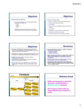 05/09/2014 
4 
Objetivos 
 Há dois tipos de objetivos: 
 a curto e a longo prazo. Os de curto prazo são mais 
específicos e se refletem a: 
 o que, 
 quem, 
 quando e 
 onde. 
 Os objetivos devem ser vários, e não um só, para 
atingir todas as áreas importantes ao funcionamento. 
Objetivos 
 Existem oito áreas-chave: 
 Posição no mercado (que se está tentando alcançar) 
 Inovação (quais metas quer atingir) 
 Produtividade 
 Níveis de recursos (quantidade de ativos que devem ser 
mantidos) 
 Lucratividade 
 Desempenho e desenvolvimento do administrador 
 Desempenho e atitude do empregado 
 Responsabilidade social (retorno para a sociedade) 
Objetivos 
 Diversas diretrizes tem sido desenvolvidas para 
auxiliar com objetivos de alta qualidade: Desenvolver 
objetivos organizacionais específicos 
 Estabelecer objetivos organizacionais flexíveis: saber 
que podem ser modificadas à medida que o ambiente muda 
 Objetivos mensuráveis: chamado de objetivo 
organizacional, é declarado 
 Consistentes a longo prazo: apoiar uns nos outros e 
coesos com a missão (3 a 5 anos) 
 Os de curto prazo consistentes com os de longo 
prazo (de 1 a 2 anos): devem se originar dos de longo 
prazo 
Diretrizes 
 Para estabelecê-la combinar missão e objetivos 
através da reflexão sobre: 
 análise do ambiente 
 missão apropriada 
 objetivos apropriados 
 Após analisar as tendências, desenvolver objetivos 
para a organização como um todo, criar uma 
hierarquia de objetivos e especificar objetivos 
individuais. 
 A hierarquia é para que cada segmento saiba o 
que executar a curto e a longo prazo. 
 Os objetivos para cada pessoa são metas que 
pessoas específicas dentro da organização devem 
atingir. Auxilia os trabalhadores individuais a saber 
o que se espera deles. 
Formulação 
Objetivos 
gerais 
gerais específicas 
Estratégias 
gerais 
Objetivos 
marketing 
Objetivos 
operações 
Objetivos RH 
Objetivos 
finanças 
Estratégias 
marketing 
Estratégias 
operações 
Estratégias RH 
Estratégias 
finanças 
Planos de 
ação 
Biblioteca Virtual 
Utilize para pesquisa e aquisição 
de novos conhecimentos a 
Biblioteca Virtual do aluno. 
Há um acervo sobre todas as 
especialidades que envolvem o 
curso. 
 