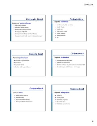 05/09/2014 
9 
Contexto Geral 
Aspectos sócio-culturais 
 Mão-de-obra feminina 
 Diversidade da mão-de-obra 
 Atitudes sobre a vida profissional 
 Preocupações ambientais 
 Mudanças nas escolhas de carreira profissional 
 Mudanças nos critérios de escolha de produtos/ serviços 
Aspectos econômicos 
Contexto Geral 
 Estrutura e conjuntura econômica 
 Taxa de inflação 
 Taxa de juro 
 Orçamento de Estado 
 Taxa de poupança 
 Balança comercial 
 PIB 
Contexto Geral 
Aspectos político-legais 
 Regulação e regulamentação 
 Fiscalidade 
 Legislação laboral 
 Políticas de formação profissional 
Contexto Geral 
Aspectos tecnológicos 
 Inovação industrial e de produto 
 Aplicação de conhecimentos 
 Eficiência e enfoque dos gastos públicos e privados em I&D 
 Novas tecnologias de informação e comunicação 
Contexto Geral 
Aspectos globais 
 Acontecimentos políticos 
 Mercados críticos 
 Novos países industrializados 
 Diferenças culturais e institucionais 
Contexto Geral 
Aspectos demográficos 
 População 
 Estrutura etária 
 Distribuição geográfica 
 Diversidade étnica 
 Distribuição de rendimentos 
 