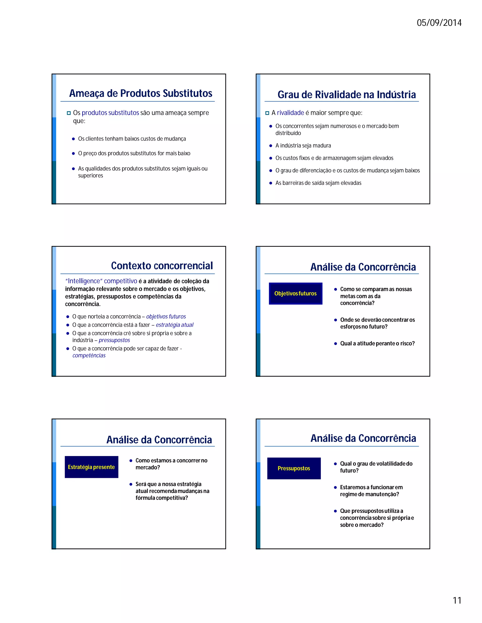 05/09/2014 
11 
Ameaça de Produtos Substitutos 
 Os produtos substitutos são uma ameaça sempre 
que: 
 Os clientes tenham baixos custos de mudança 
 O preço dos produtos substitutos for mais baixo 
 As qualidades dos produtos substitutos sejam iguais ou 
superiores 
Grau de Rivalidade na Indústria 
 A rivalidade é maior sempre que: 
 Os concorrentes sejam numerosos e o mercado bem 
distribuído 
 A indústria seja madura 
 Os custos fixos e de armazenagem sejam elevados 
 O grau de diferenciação e os custos de mudança sejam baixos 
 As barreiras de saída sejam elevadas 
Contexto concorrencial 
“Intelligence” competitivo é a atividade de coleção da 
informação relevante sobre o mercado e os objetivos, 
estratégias, pressupostos e competências da 
concorrência. 
 O que norteia a concorrência – objetivos futuros 
 O que a concorrência está a fazer – estratégia atual 
 O que a concorrência crê sobre si própria e sobre a 
indústria – pressupostos 
 O que a concorrência pode ser capaz de fazer - 
competências 
Análise da Concorrência 
Objetivos futuros  Como se comparam as nossas 
metas com as da 
concorrência? 
 Onde se deverão concentrar os 
esforços no futuro? 
 Qual a atitude perante o risco? 
Análise da Concorrência 
Estratégia presente 
 Como estamos a concorrer no 
mercado? 
 Será que a nossa estratégia 
atual recomenda mudanças na 
fórmula competitiva? 
Análise da Concorrência 
Pressupostos 
 Qual o grau de volatilidade do 
futuro? 
 Estaremos a funcionar em 
regime de manutenção? 
 Que pressupostos utiliza a 
concorrência sobre si própria e 
sobre o mercado? 
 
