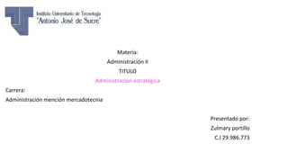 Materia:
Administración II
TITULO
Administración estratégica
Carrera:
Administración mención mercadotecnia
Presentado por:
Zulmary portillo
C.I 29.986.773
 