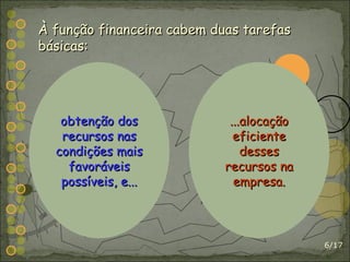 /17 À função financeira cabem duas tarefas básicas: obtenção dos recursos nas condições mais favoráveis possíveis, e... ...alocação eficiente desses recursos na empresa. 