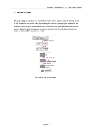 Advance Datamining CS 522 Final Project Report
Page 3 of 12
1. INTRODUCTION
Studying big topics in cultural and architectural history is time expensive due to the high about
of text information that needs to be processed by the scholars. In this project, we explore the
usability of a computer to systematically read the text and offer objective insights into the text.
Various data mining techniques such as network analysis, bag of words, power iteration are
tested on datasets from journals and books.
Fig. Overall flow of our project
 