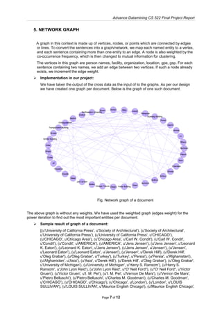 Advance Datamining CS 522 Final Project Report
Page 7 of 12
5. NETWORK GRAPH
A graph in this context is made up of vertices, nodes, or points which are connected by edges
or lines. To convert the sentences into a graph/network, we map each named entity to a vertex,
and each sentence containing more than one entity to an edge. A node is also weighted by the
co-occurrence frequency, which is then changed to mutual information for clustering.
The vertices in this graph are person names, facility, organization, location, gpe, gsp. For each
sentence containing two names, we add an edge between two vertices. If such a node already
exists, we increment the edge weight.
 Implementation in our project:
We have taken the output of the cross data as the input of to the graphs. As per our design
we have created one graph per document. Below is the graph of one such document.
Fig. Network graph of a document
The above graph is without any weights. We have used the weighted graph (edges weight) for the
power iteration to find out the most important entities per document.
 Sample result of graph of a document:
[(u'University of California Press', u'Society of Architectural'), (u'Society of Architectural',
u'University of California Press'), (u'University of California Press', u'CHICAGO'),
(u'CHICAGO', u'Chicago Area'), (u'Chicago Area', u'Carl W. Condit'), (u'Carl W. Condit',
u'Condit'), (u'Condit', u'AMERICA'), (u'AMERICA', u'Jens Jensen'), (u'Jens Jensen', u'Leonard
K. Eaton'), (u'Leonard K. Eaton', u'Jens Jensen'), (u'Jens Jensen', u'Jensen'), (u'Jensen',
u'Leonard Eaton'), (u'Leonard Eaton', u'Jensen'), (u'Jensen', u'Derek Hill'), (u'Derek Hill',
u'Oleg Grabar'), (u'Oleg Grabar', u'Turkey'), (u'Turkey', u'Persia'), (u'Persia', u'Afghanistan'),
(u'Afghanistan', u'Asia'), (u'Asia', u'Derek Hill'), (u'Derek Hill', u'Oleg Grabar'), (u'Oleg Grabar',
u'University of Michigan'), (u'University of Michigan', u'Harry S. Ransom'), (u'Harry S.
Ransom', u'John Lyon Reid'), (u'John Lyon Reid', u"O' Neil Ford"), (u"O' Neil Ford", u'Victor
Gruen'), (u'Victor Gruen', u'I. M. Pei'), (u'I. M. Pei', u'Vernon De Mars'), (u'Vernon De Mars',
u'Pietro Belluschi'), (u'Pietro Belluschi', u'Charles M. Goodman'), (u'Charles M. Goodman',
u'CHICAGO'), (u'CHICAGO', u'Chicago'), (u'Chicago', u'London'), (u'London', u'LOUIS
SULLIVAN'), (u'LOUIS SULLIVAN', u'Maurice English Chicago'), (u'Maurice English Chicago',
 